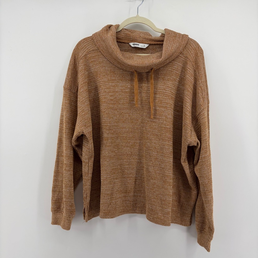 Sonoma Pullover Sweater Tan Women XL Cowl Neck Waffle Knit Drop Shoulder Relaxed